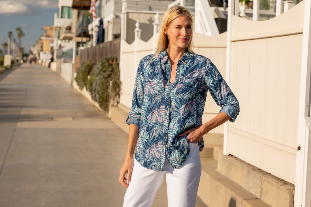 Palm Print Lyocell Long Roll-Tab Sleeve Shirt