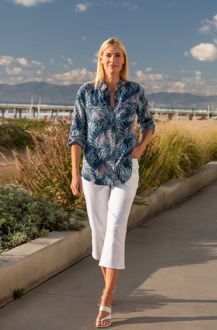 Palm Print Lyocell Long Roll-Tab Sleeve Shirt