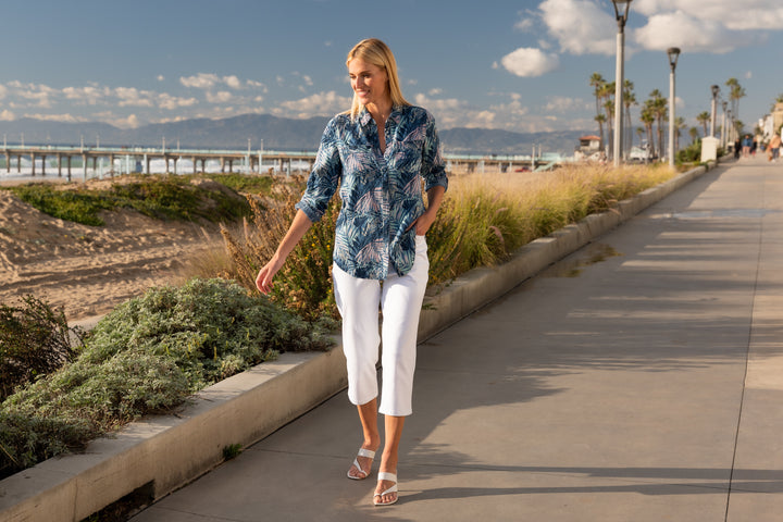 Palm Print Lyocell Long Roll-Tab Sleeve Shirt