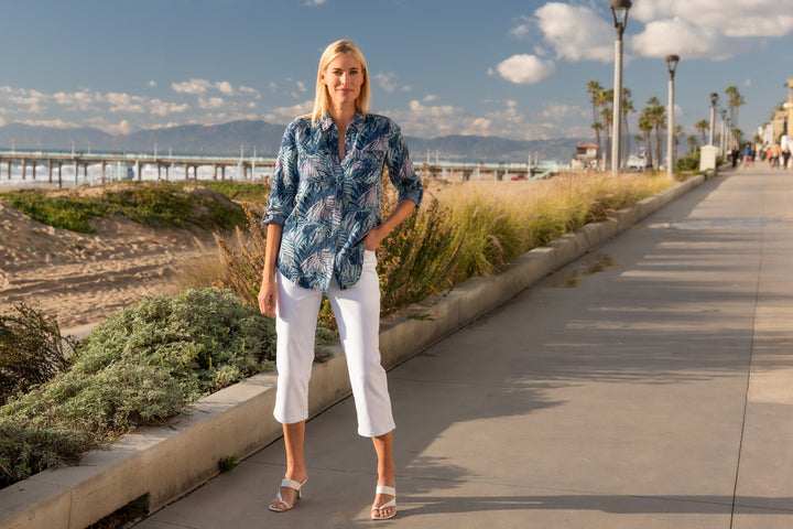 Palm Print Lyocell Long Roll-Tab Sleeve Shirt