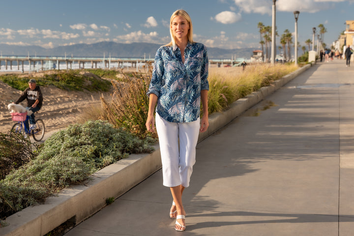Palm Print Lyocell Long Roll-Tab Sleeve Shirt