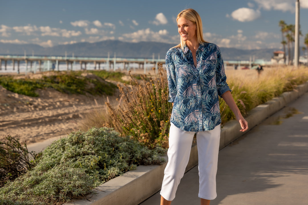 Palm Print Lyocell Long Roll-Tab Sleeve Shirt