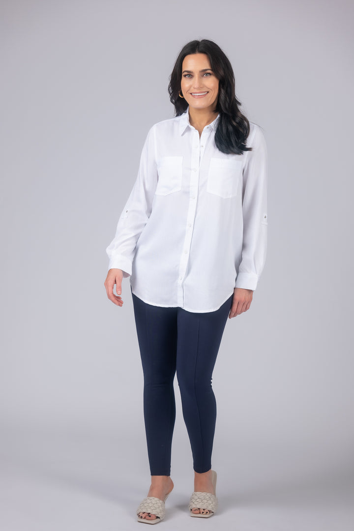 Long Roll-Tab Sleeve Button Front Slub Lyocell Shirt