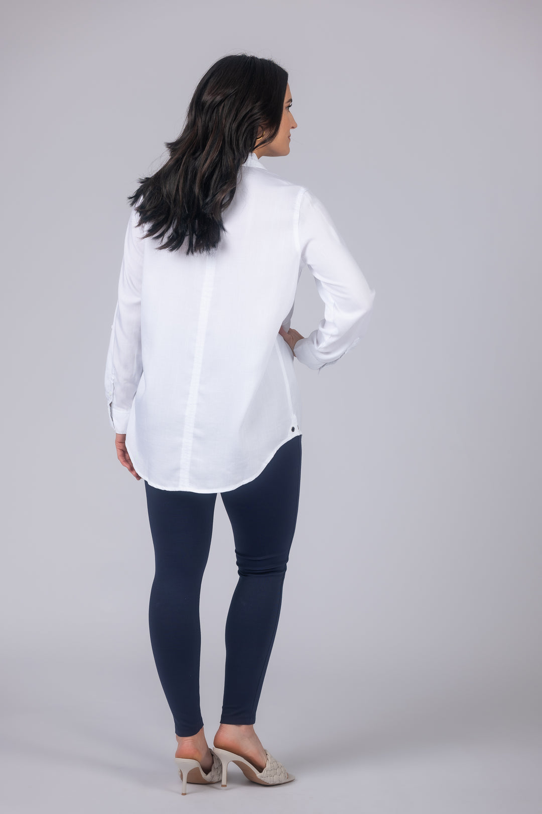 Long Roll-Tab Sleeve Button Front Slub Lyocell Shirt
