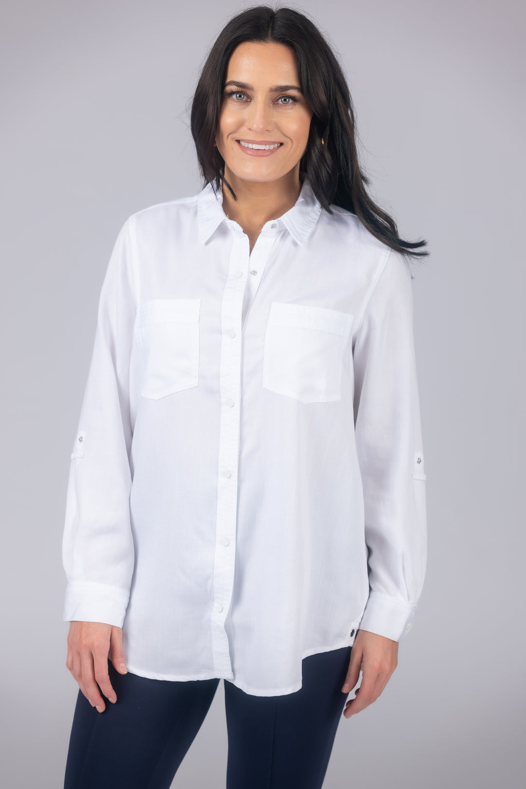 Long Roll-Tab Sleeve Button Front Slub Lyocell Shirt