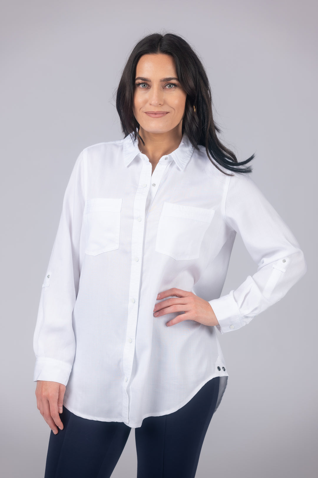Long Roll-Tab Sleeve Button Front Slub Lyocell Shirt