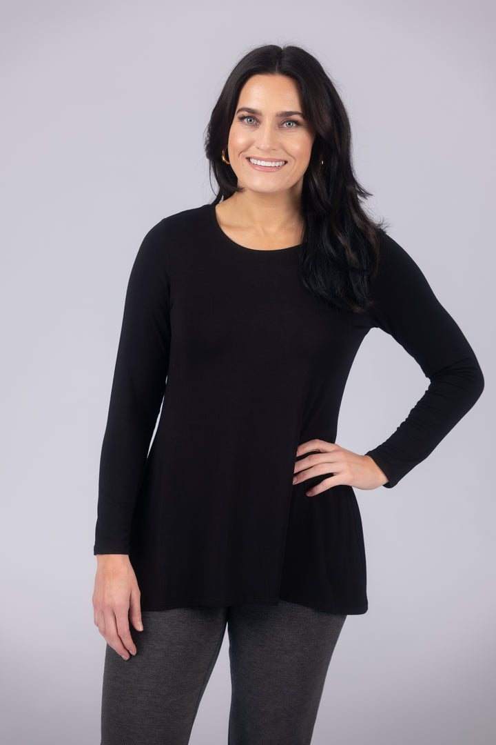 Long Sleeve Solid Pleat Back Detail Swing Top