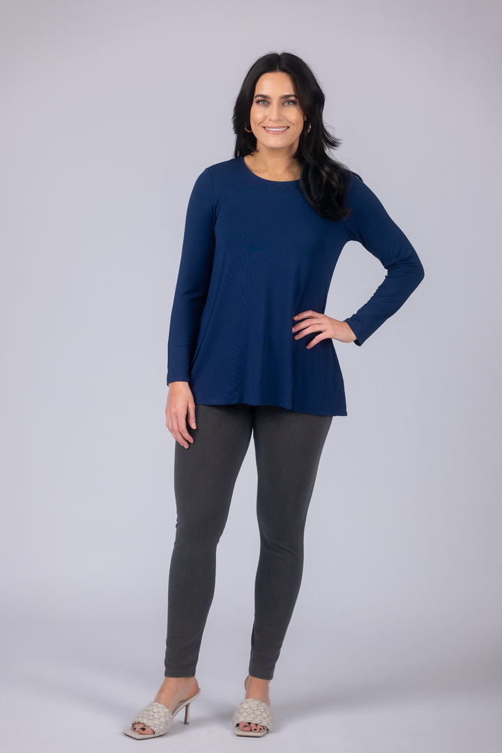 Long Sleeve Solid Pleat Back Detail Swing Top