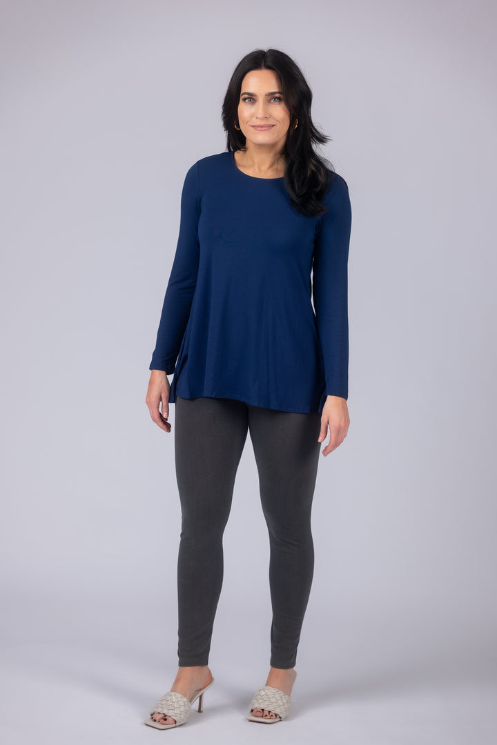 Long Sleeve Solid Pleat Back Detail Swing Top