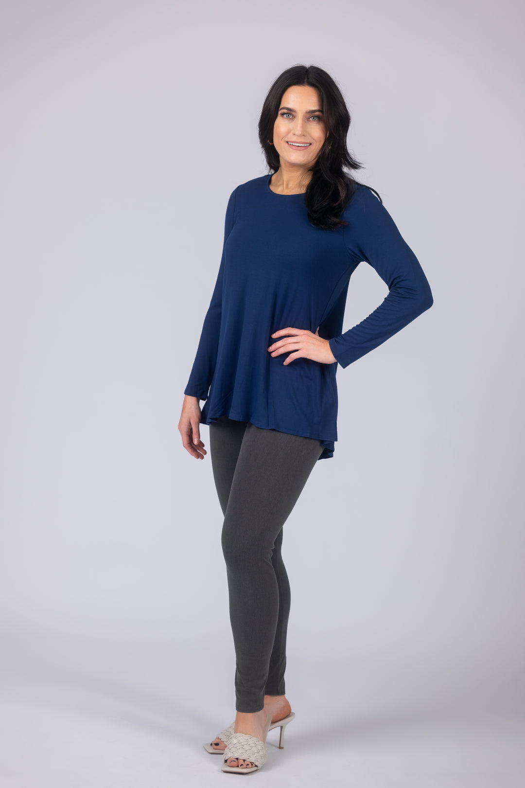 Long Sleeve Solid Pleat Back Detail Swing Top