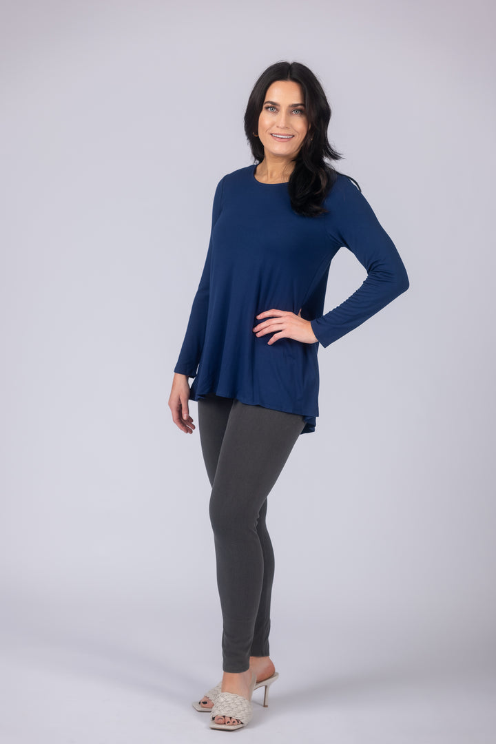 Long Sleeve Solid Pleat Back Detail Swing Top