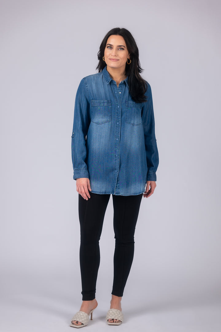 Long Roll-Tab Sleeve Button Front Slub Lyocell Shirt