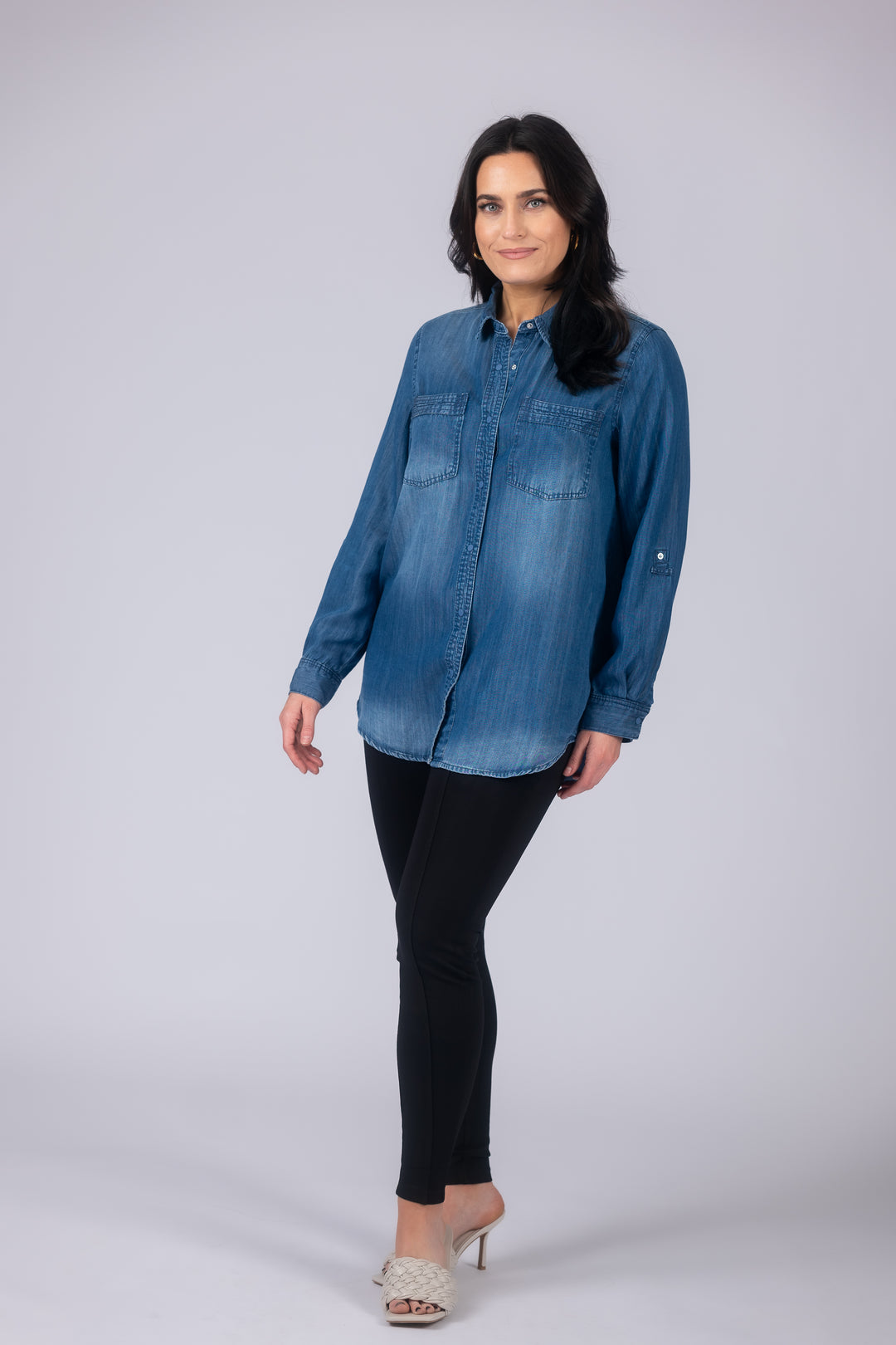 Long Roll-Tab Sleeve Button Front Slub Lyocell Shirt