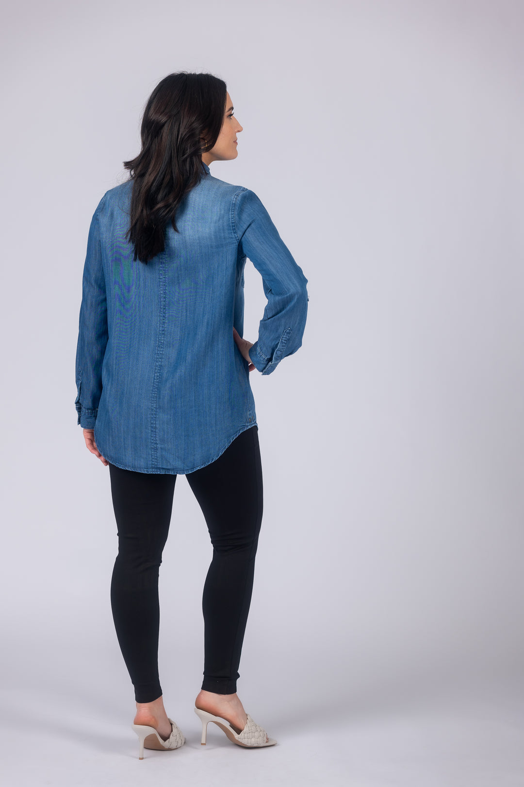 Long Roll-Tab Sleeve Button Front Slub Lyocell Shirt