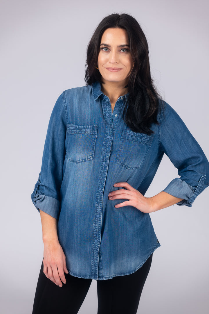 Long Roll-Tab Sleeve Button Front Slub Lyocell Shirt