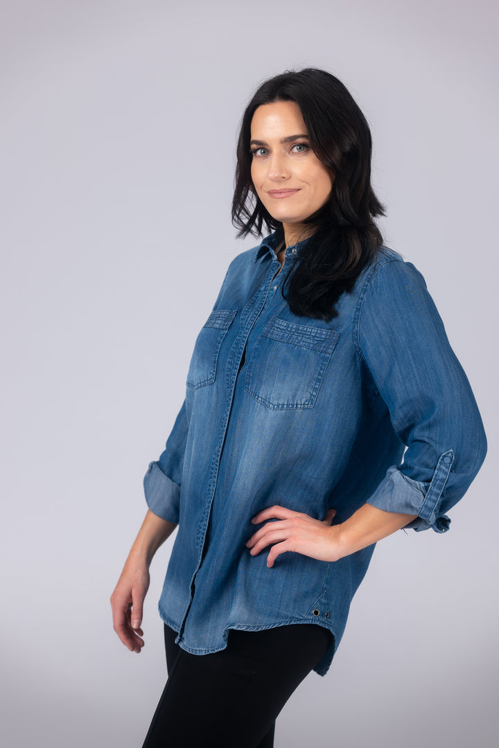 Long Roll-Tab Sleeve Button Front Slub Lyocell Shirt