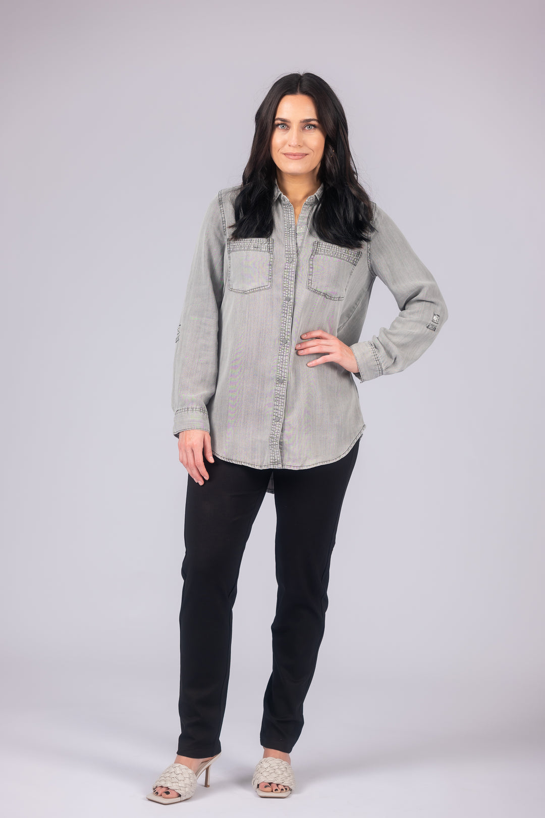 Long Roll-Tab Sleeve Button Front Slub Lyocell Shirt