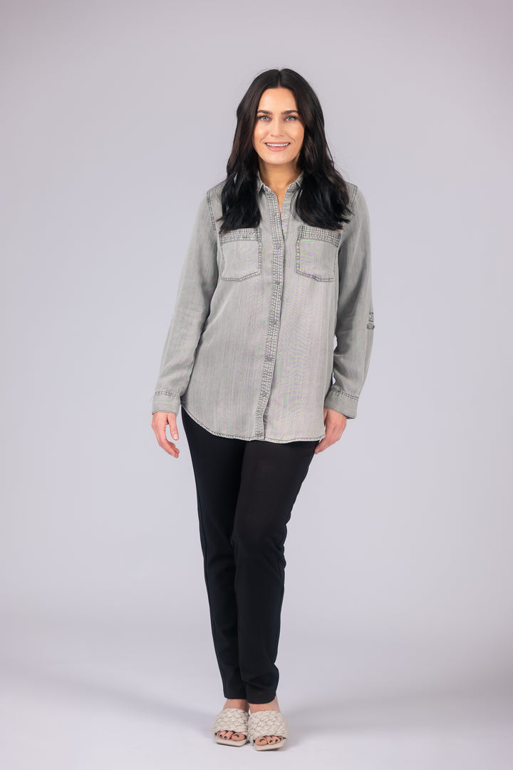 Long Roll-Tab Sleeve Button Front Slub Lyocell Shirt