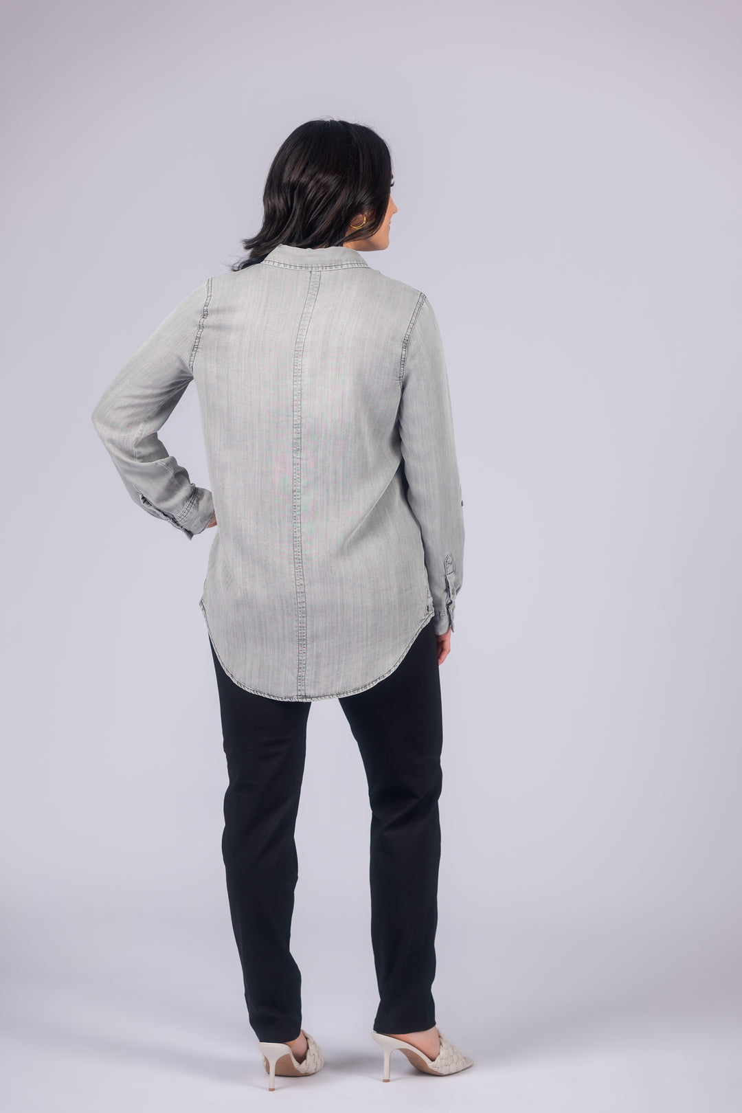 Long Roll-Tab Sleeve Button Front Slub Lyocell Shirt