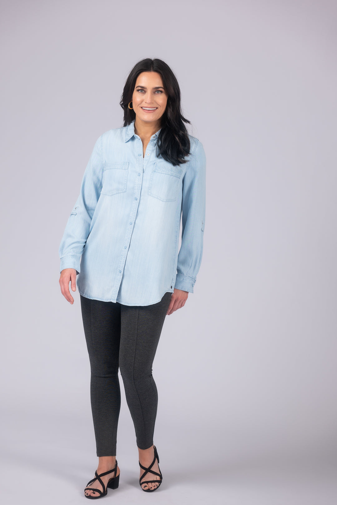 Long Roll-Tab Sleeve Button Front Slub Lyocell Shirt