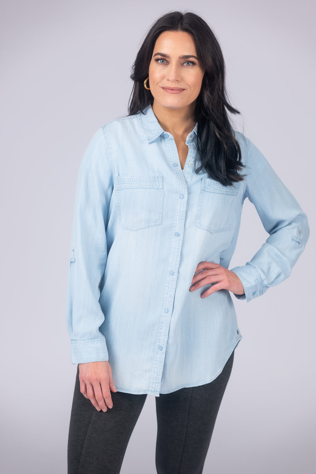 Long Roll-Tab Sleeve Button Front Slub Lyocell Shirt