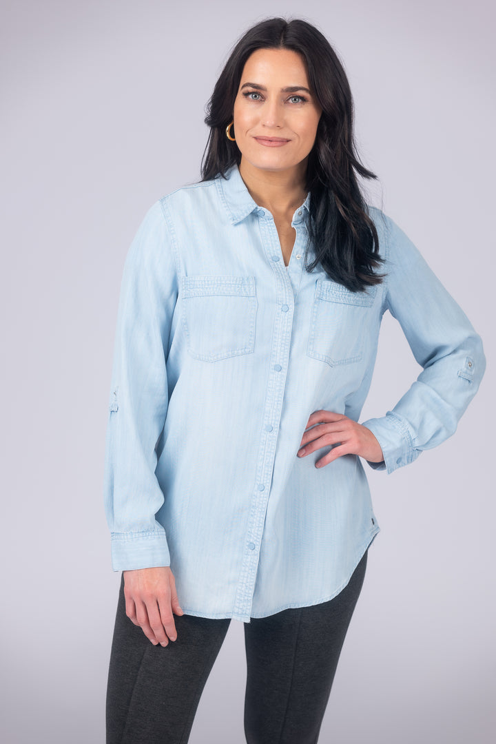 Long Roll-Tab Sleeve Button Front Slub Lyocell Shirt