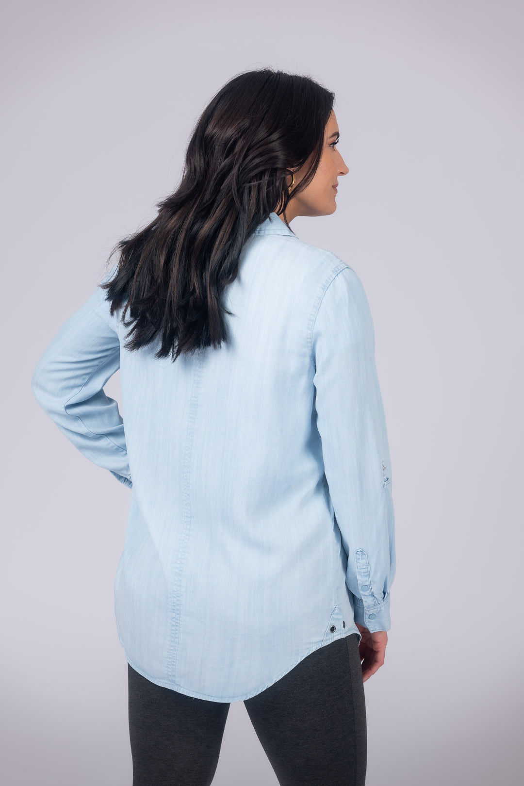 Long Roll-Tab Sleeve Button Front Slub Lyocell Shirt