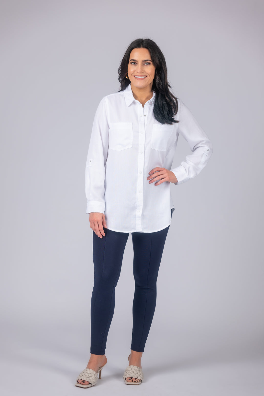 Long Roll-Tab Sleeve Button Front Slub Lyocell Shirt