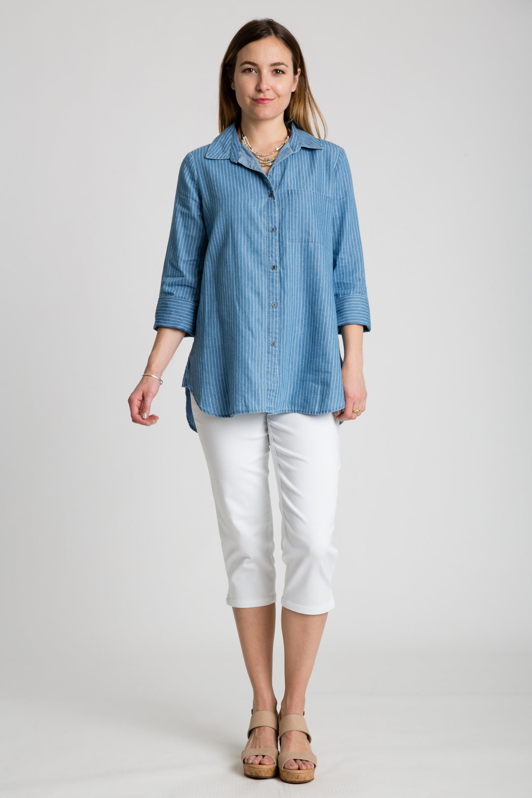 Denim Cuffed 3/4 Sleeve Button Front Top - INTROclothing