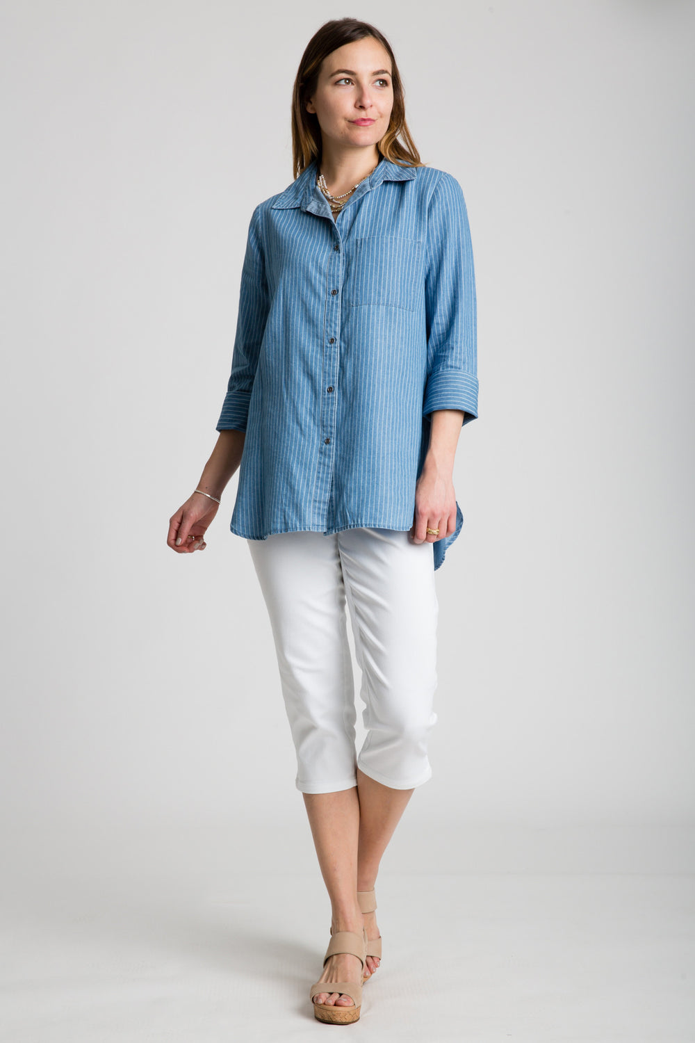 Denim Cuffed 3/4 Sleeve Button Front Top - INTROclothing