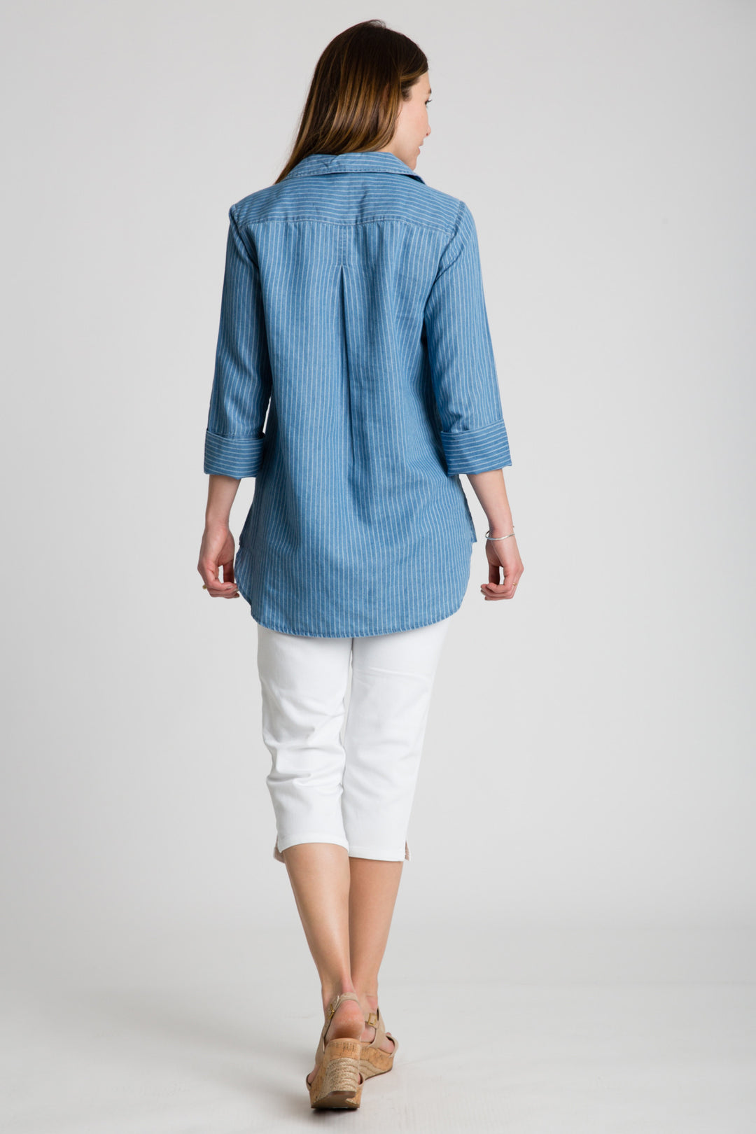Denim Cuffed 3/4 Sleeve Button Front Top - INTROclothing